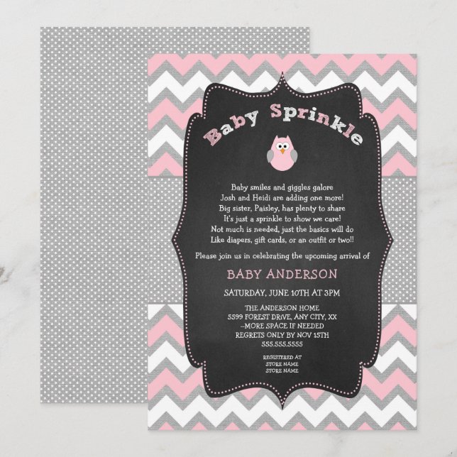 Pink Owl baby sprinkle, girl baby shower Invitation (Front/Back)