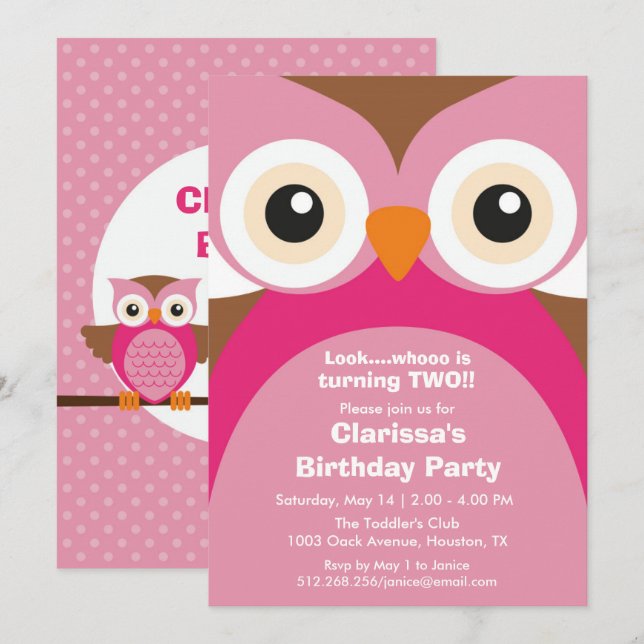 Pink Owl Birthday Party Invitation (Front/Back)