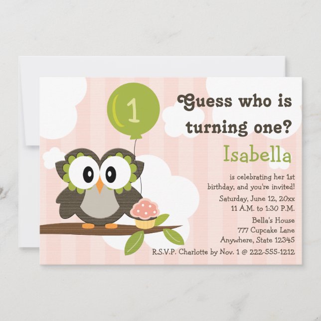 Pink Owl Birthday Party Invitations (Any Age) (Front)