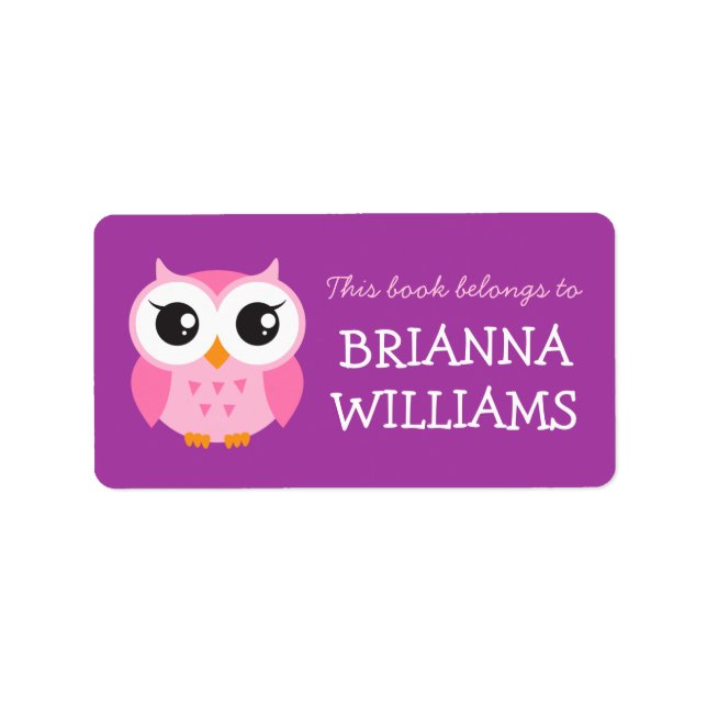 Pink owl bookplate book labels for kids (Front)