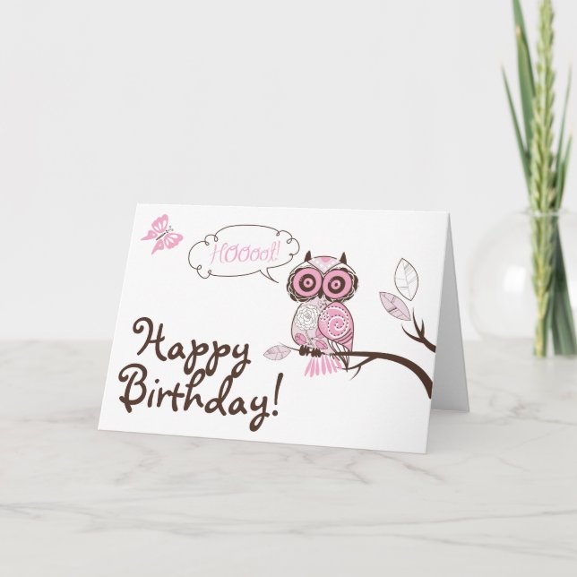 Pink Owl & Butterfly Floral Happy Birthday Card (Front)