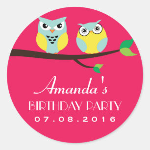Pink Owl Cartoon Birthday Sticker for Kids Party
