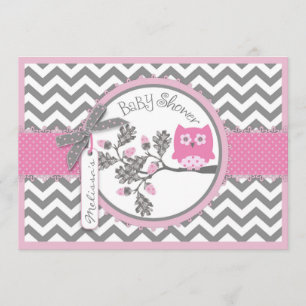 Pink Owl Chevron Print Baby Shower Invitation