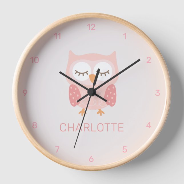 Pink owl, cute & whimsical customised clock (Front)