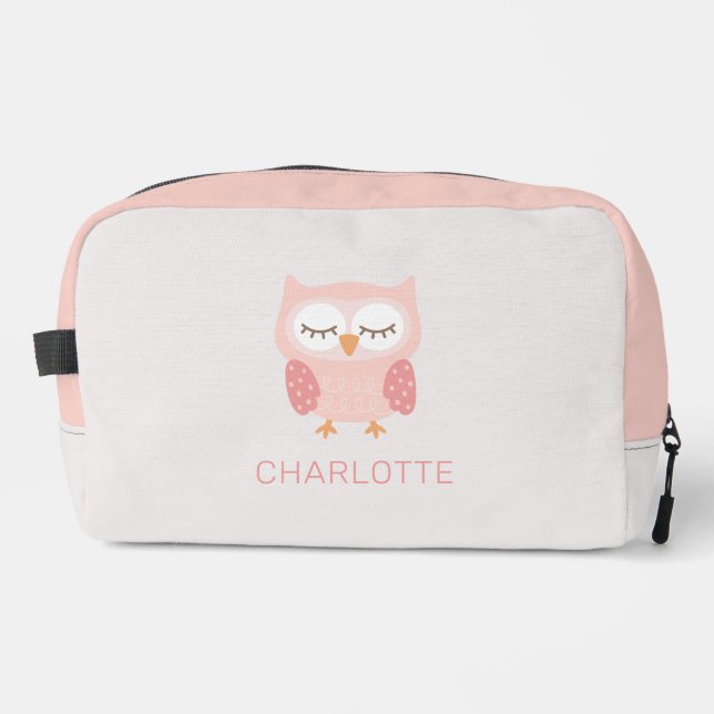 'Pink Owl', cute & whimsical customised girls Dopp Kit (Front)