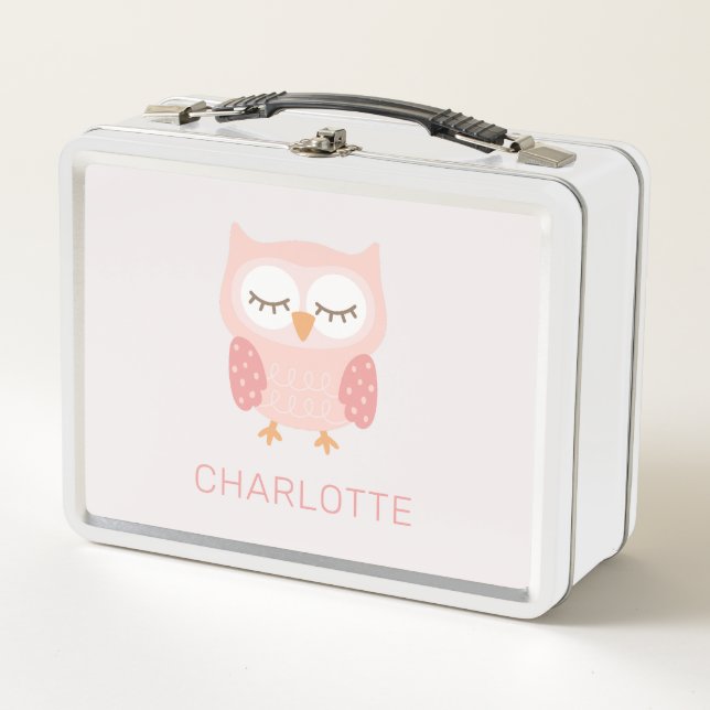 'Pink Owl', cute & whimsical customised girls Metal Lunch Box (Front)