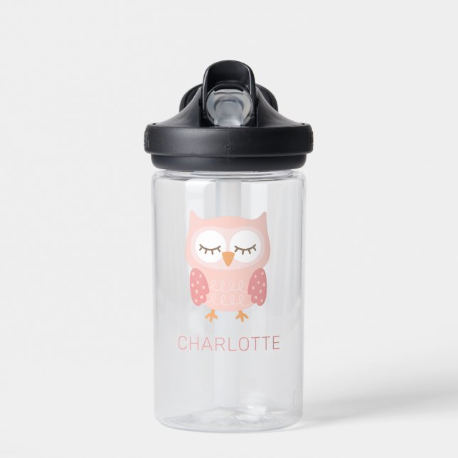 'Pink Owl', cute & whimsical customised girls Water Bottle (Front)