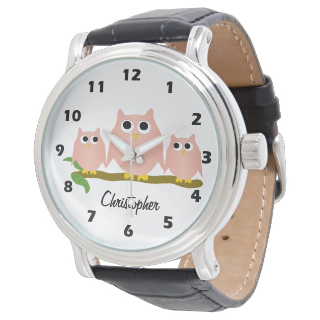 Pink Owl Design Personalised Watch (Angled)