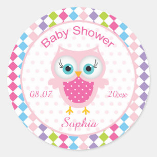 Pink owl, diamond pattern Baby Shower Sticker