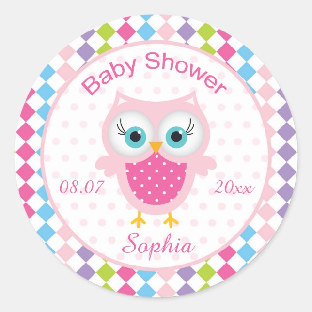 Pink owl, diamond pattern Baby Shower Sticker (Front)