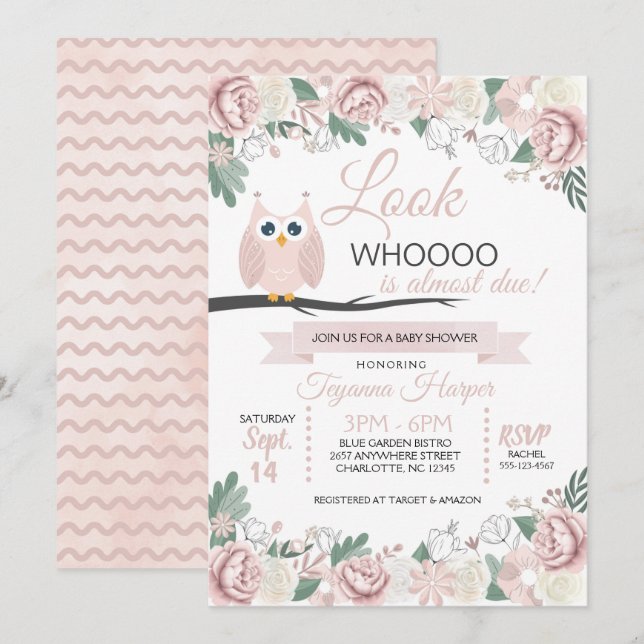 Pink Owl Floral Baby Shower Invitation (Front/Back)