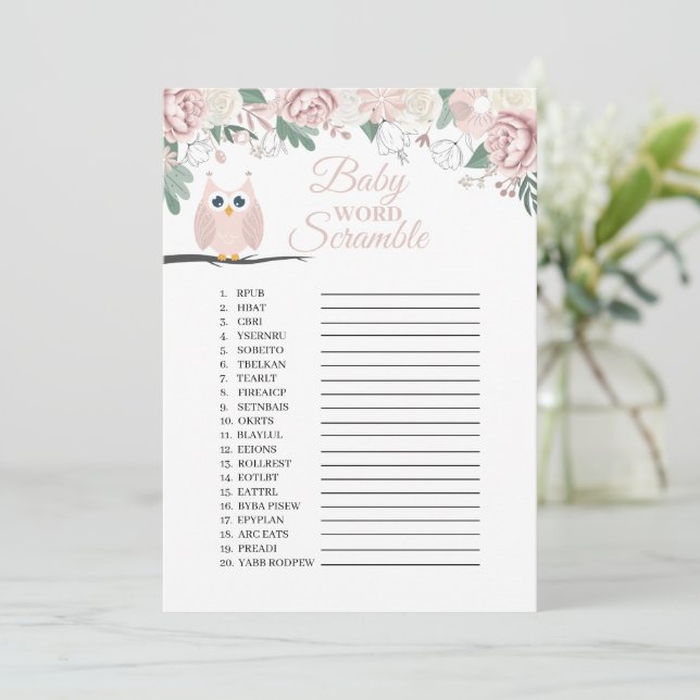 Pink Owl Floral Baby Word Scramble Game Card (Standing Front)