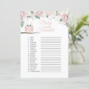 Pink Owl Floral Baby Word Scramble Game Card