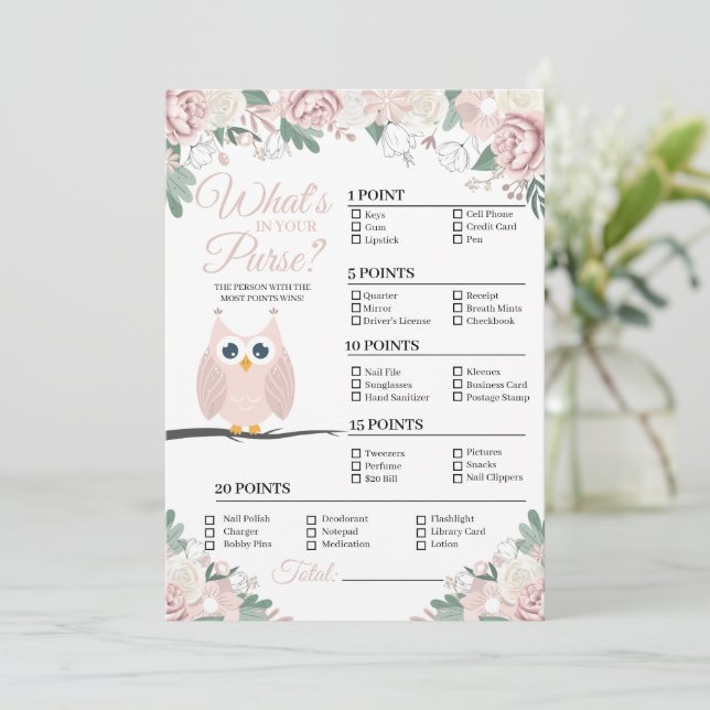 Pink Owl Floral What's In Your Purse Game Card (Standing Front)