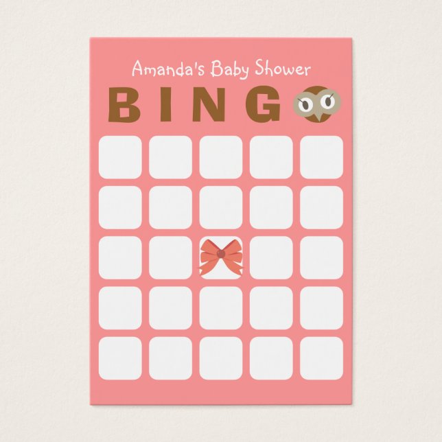 Pink Owl Girl 5x5 Baby Shower Bingo Card (Front)