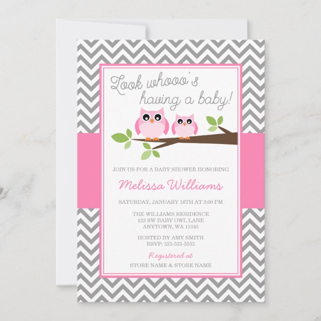 Pink Owl Grey Chevron Girl Baby Shower Invitation (Front)