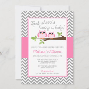 Pink Owl Grey Chevron Girl Baby Shower Invitation