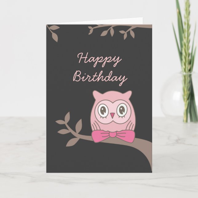 Pink Owl Happy Birthday Card (Front)