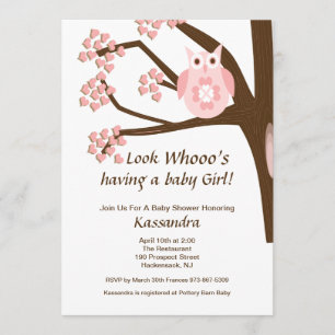 Pink Owl In A Tree Baby Girl Shower Invitation