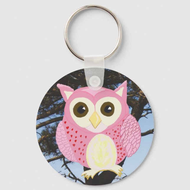 Pink Owl in a Tree Key Ring (Front)