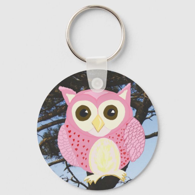 Pink Owl in a Tree Key Ring (Front)