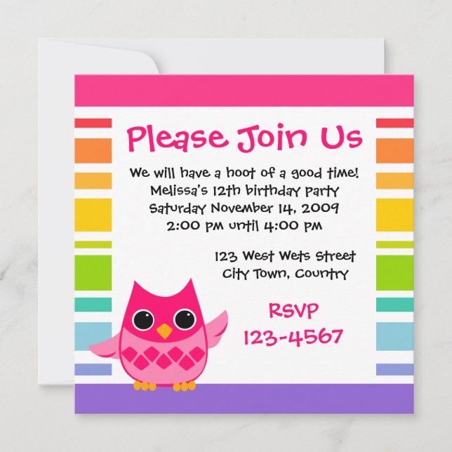 Pink Owl Invitation (Front)