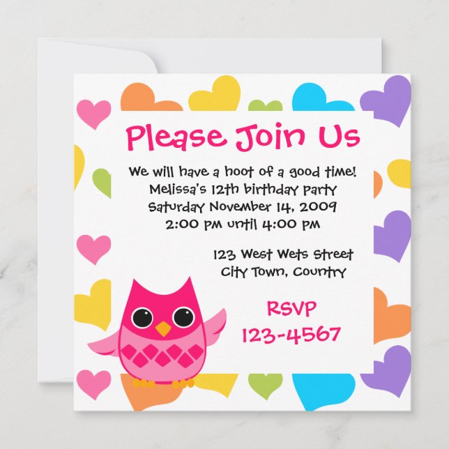 Pink Owl Invitation (Front)