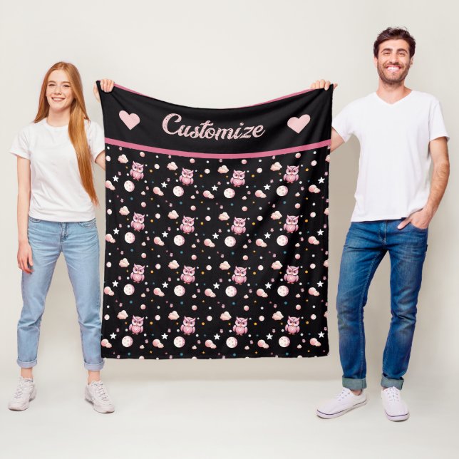 Pink Owl Moonlight Pattern Fleece Blanket (In Situ)
