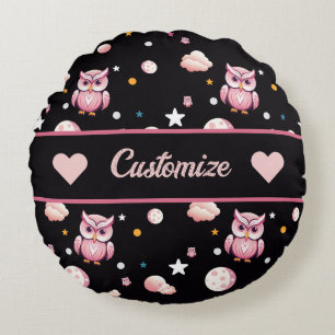 Pink Owl Moonlight Pattern Round Cushion