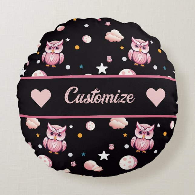 Pink Owl Moonlight Pattern Round Cushion (Front)