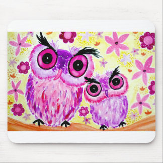 Pink owl mother and daughter watercolor mouse mat
