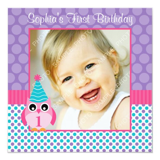 Pink Owl Multi Polka Dot 1st Birthday Girl Photo Card
