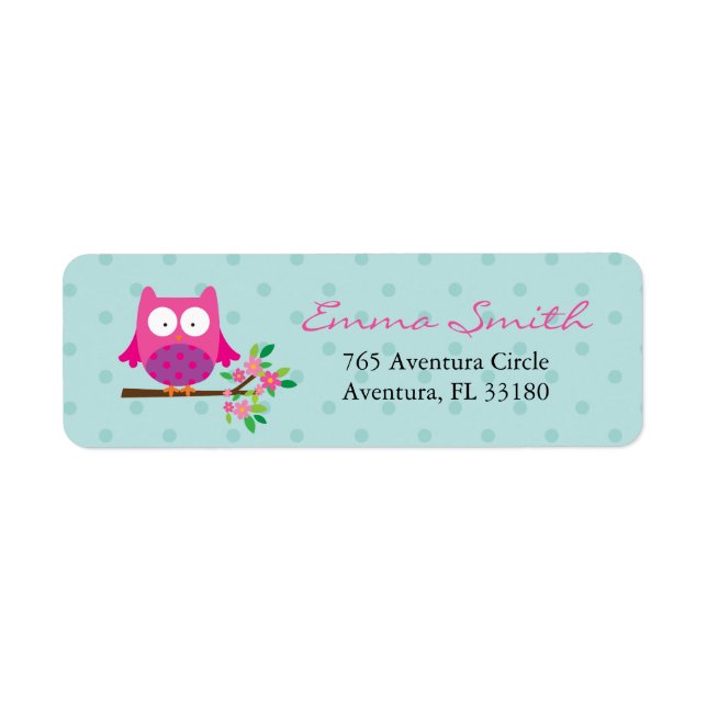 Pink Owl on a branch personalised address labels (Front)