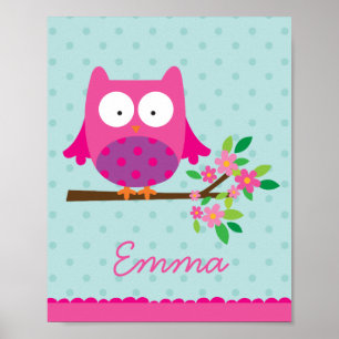 Pink Owl on a branch Personalised Nursery Poster