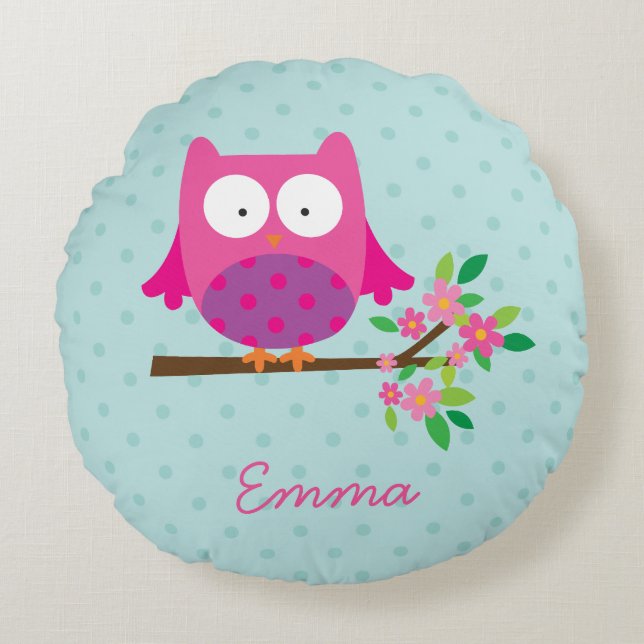 Pink Owl on a Branch Personalised Round Pillow (Front)