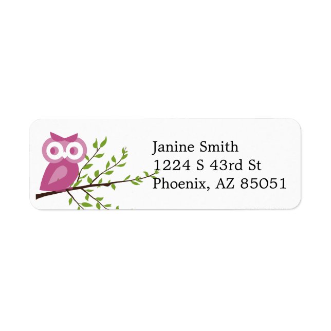 Pink Owl on Branch Return Address Label (Front)