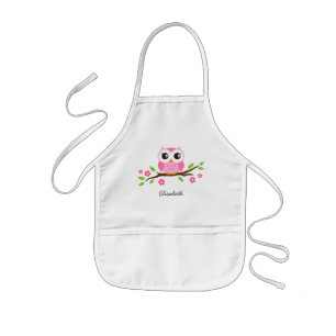 Pink owl on floral branch personalised name kids apron