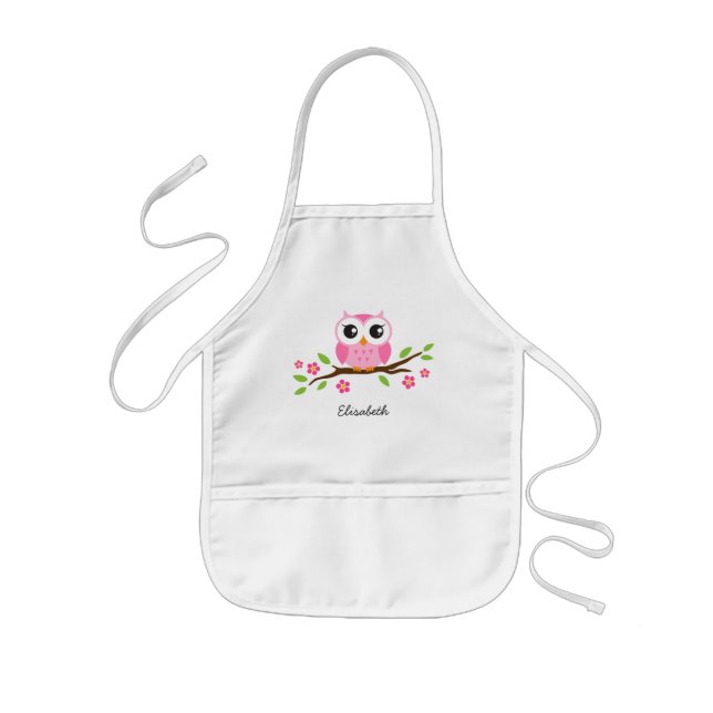Pink owl on floral branch personalised name kids apron (Front)