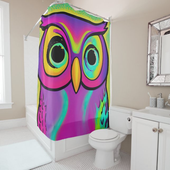 Pink owl painting shower curtain (In Situ)