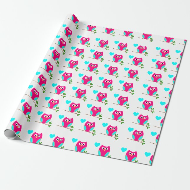 Pink Owl Pattern Wrapping Paper (Unrolled)