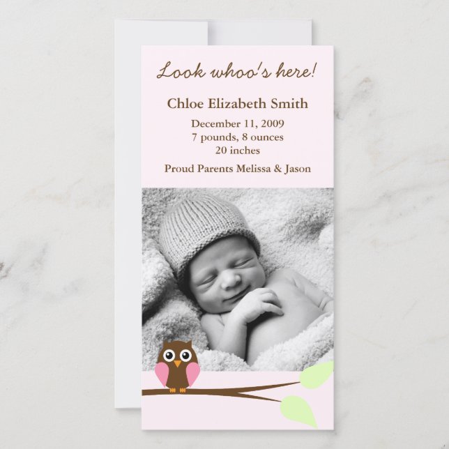 Pink Owl Photo Birth Announcements (Front)