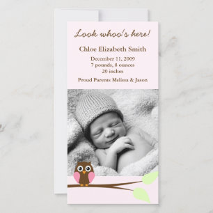 Pink Owl Photo Birth Announcements
