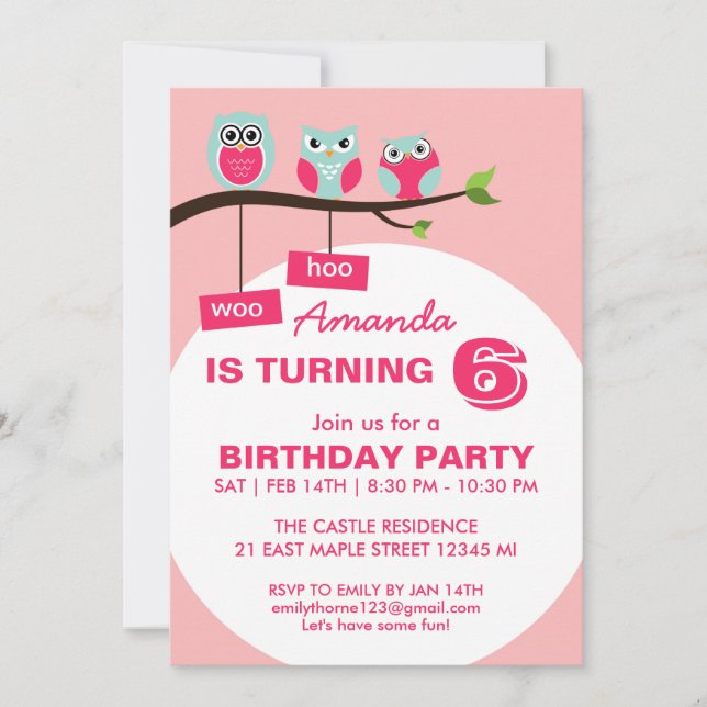 Pink Owl Polka Dots Birthday Invitation for Kids (Front)