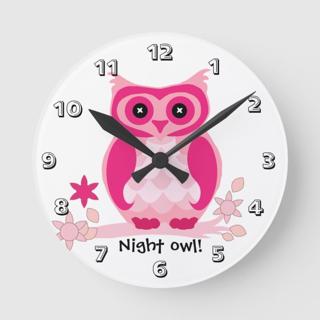 Pink owl round clock (Front)