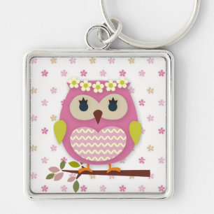 Pink Owl Square Keychain