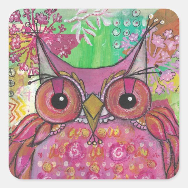 Pink Owl Square Sticker (Front)