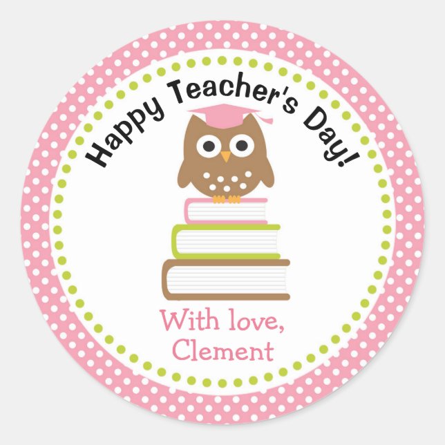 Pink Owl Teacher Appreciation Personalised Classic Round Sticker (Front)