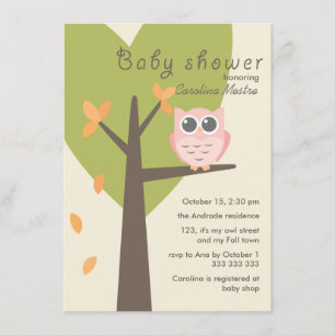 Pink Owl Tree Branch Leaves Autumn Baby Shower Invitation