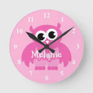 Pink owl wall clock with baby name for nursery