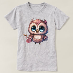 Pink Owl With Flower Illustration  T-Shirt